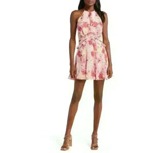 Floret Studios Floral Ruffle Waist Dress Pink Red Wedding Summer Romantic Size L